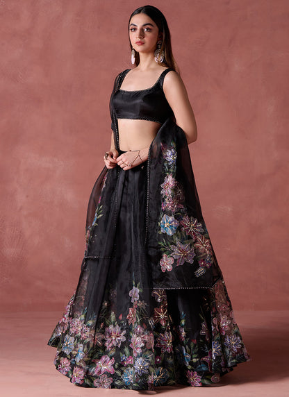 Black Multicolor Floral Printed Lehenga