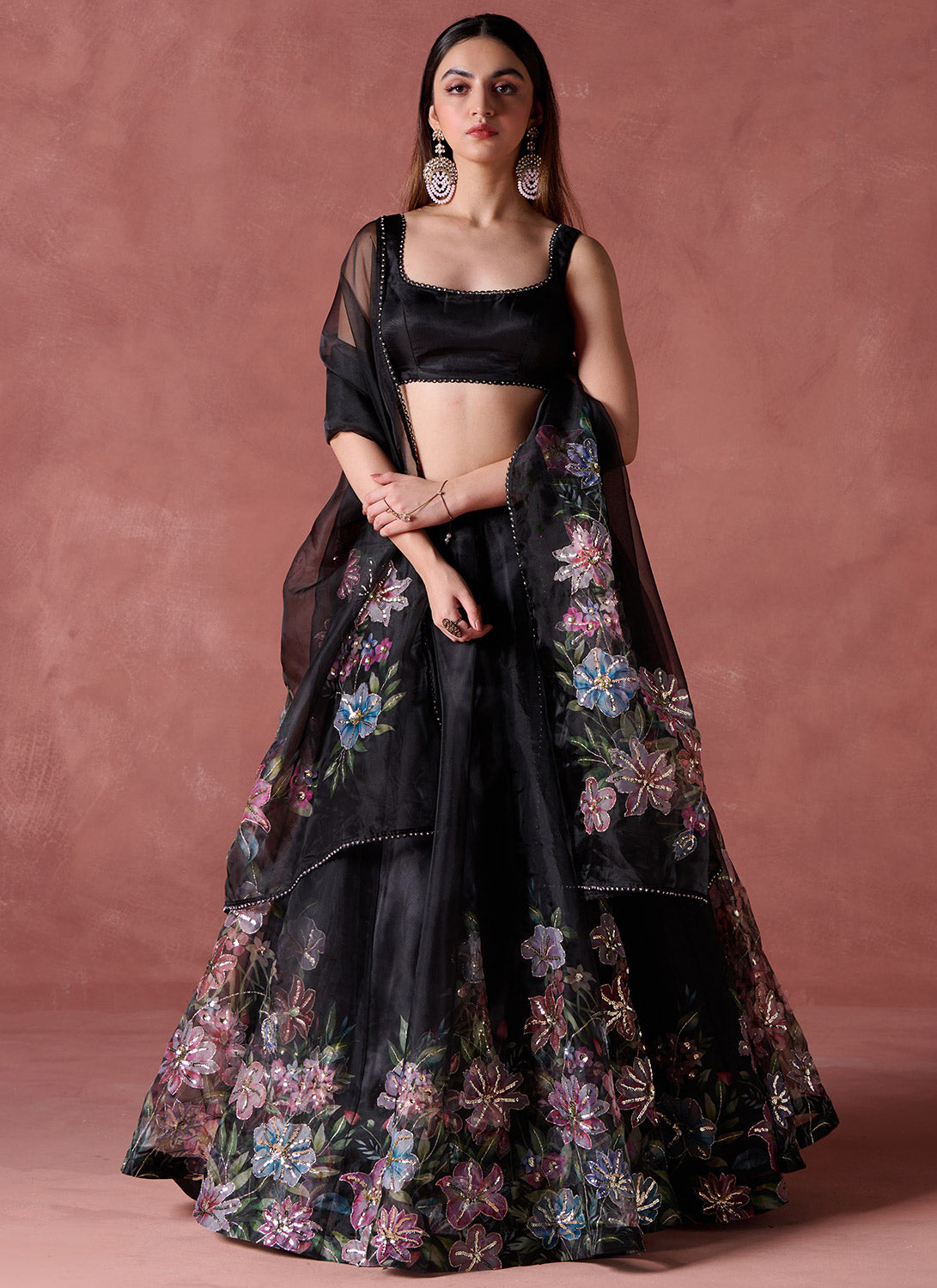 Black Multicolor Floral Printed Lehenga