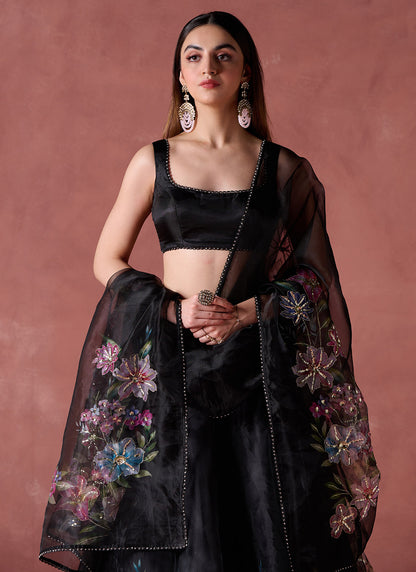 Black Multicolor Floral Printed Lehenga