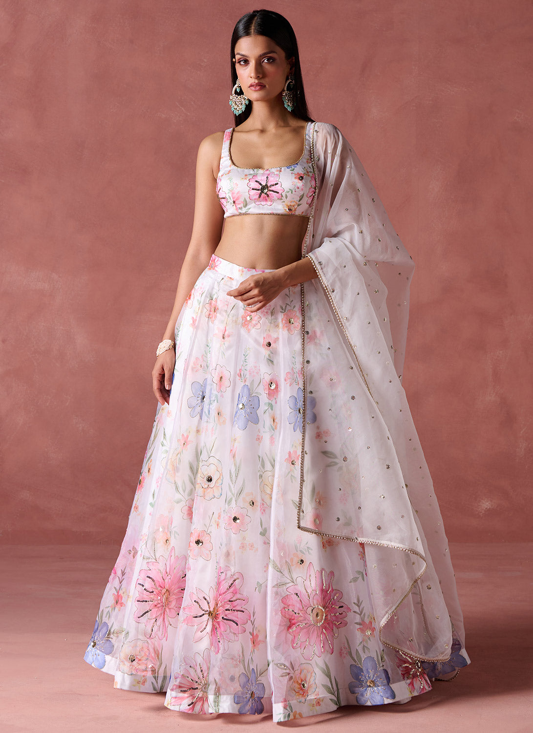 White Multicolor Floral Printed Organza Lehenga