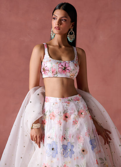 White Multicolor Floral Printed Organza Lehenga