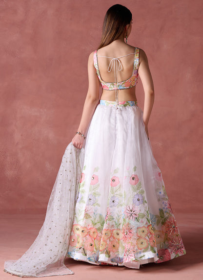 White Multicolor Floral Printed Lehenga