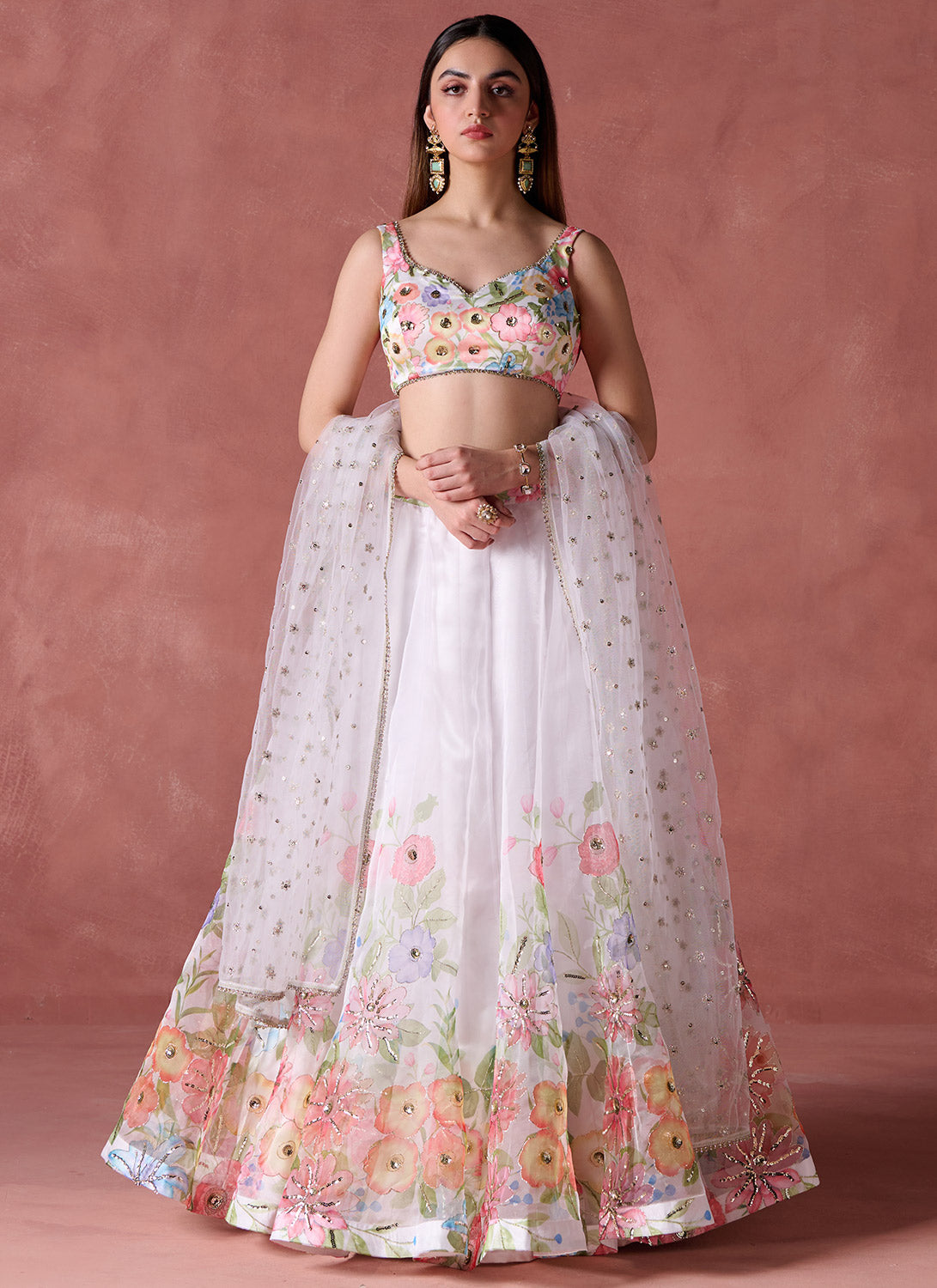 White Multicolor Floral Printed Lehenga