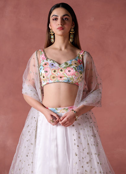 White Multicolor Floral Printed Lehenga