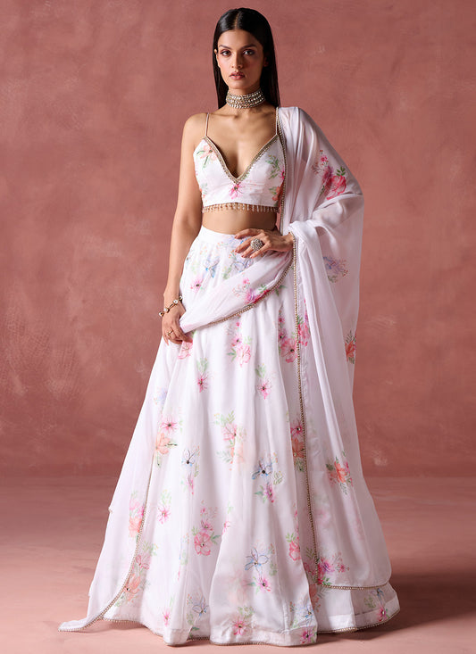 White and Pink Floral Printed Lehenga