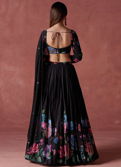 Black Floral Printed Georgette Lehenga