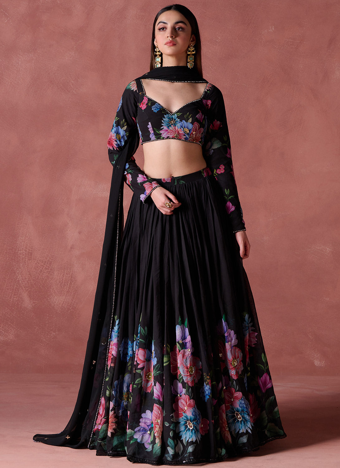 Black Floral Printed Georgette Lehenga