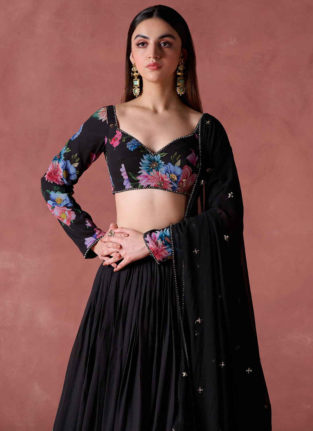 Black Floral Printed Georgette Lehenga