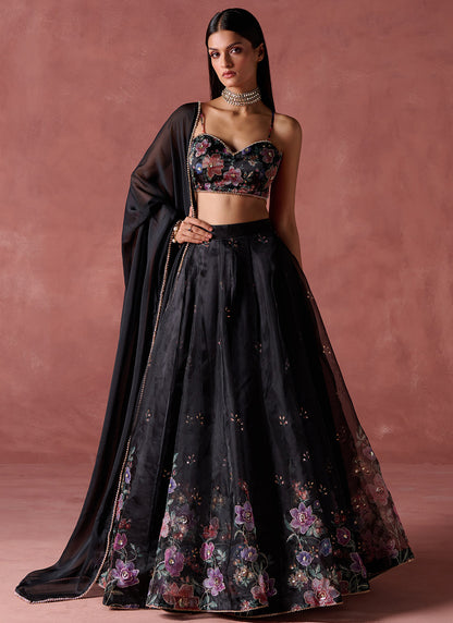 Black Floral Printed Organza Lehenga