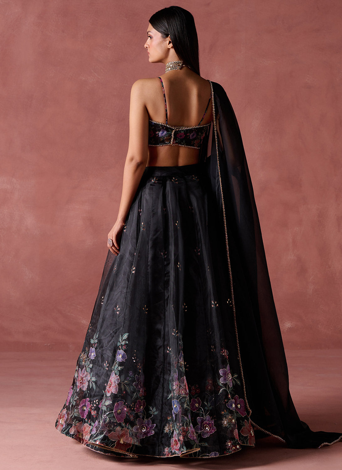 Black Floral Printed Organza Lehenga