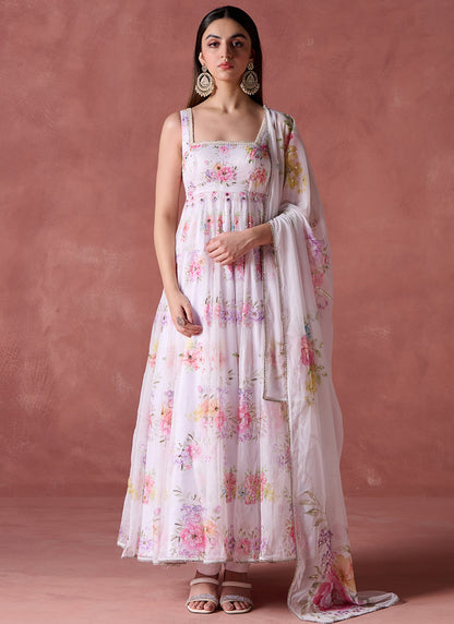 White and Pink Floral Printed Anarkali