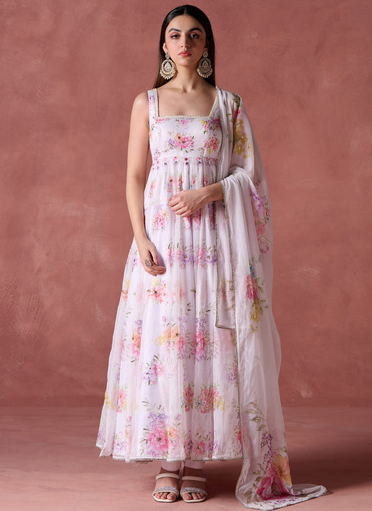White and Pink Floral Printed Anarkali
