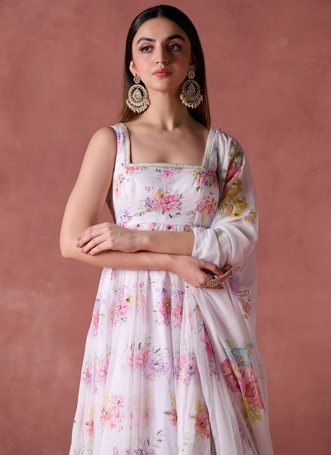 White and Pink Floral Printed Anarkali