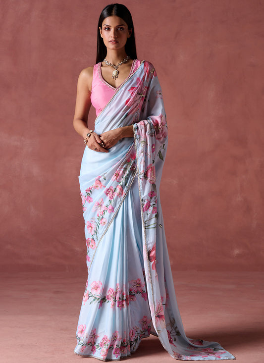 Light Blue and Pink Floral Printed Saree