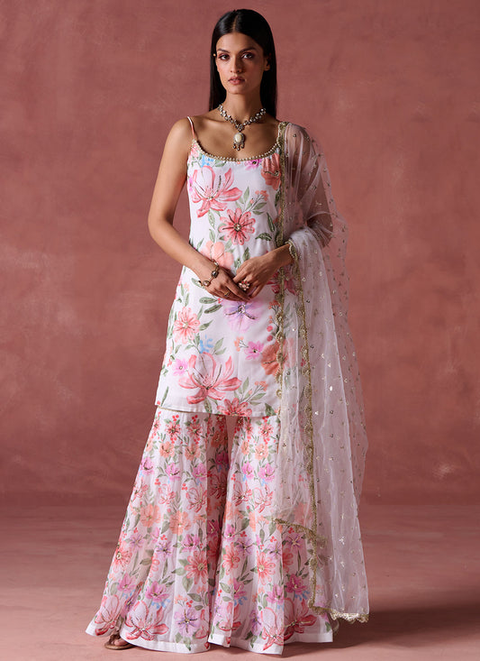 White and Pink Floral Printed Gharara Suit