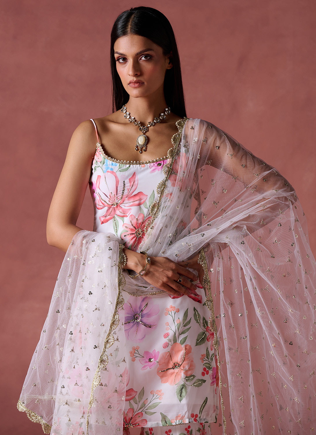 White and Pink Floral Printed Gharara Suit