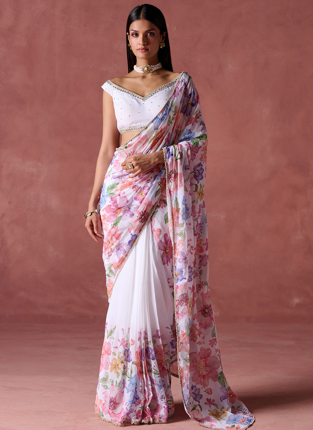 White Multicolor Floral Printed Georgette Saree