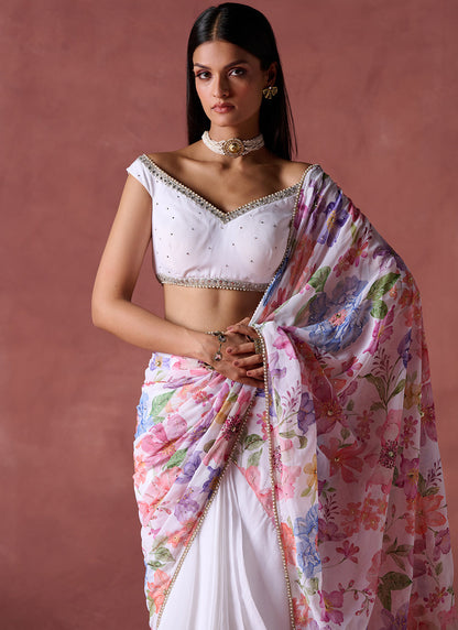 White Multicolor Floral Printed Georgette Saree