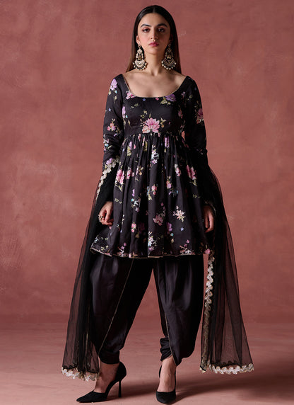 Black Floral Printed Peplum Style Punjabi Suit