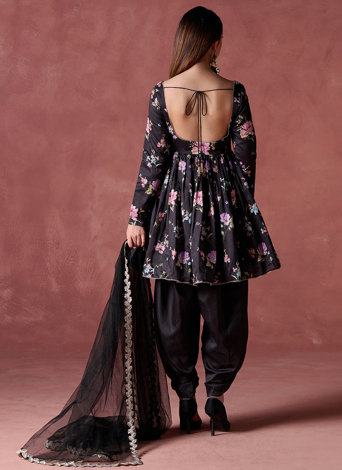 Black Floral Printed Peplum Style Punjabi Suit