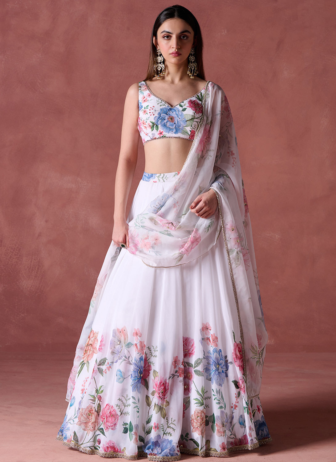 White Multicolor Floral Printed Georgette Lehenga