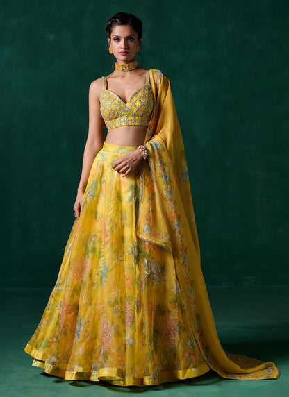 Yellow Multicolor Floral Printed Lehenga