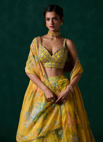 Yellow Multicolor Floral Printed Lehenga