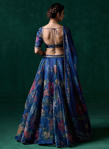 Dark Blue Multicolor Floral Printed Lehenga