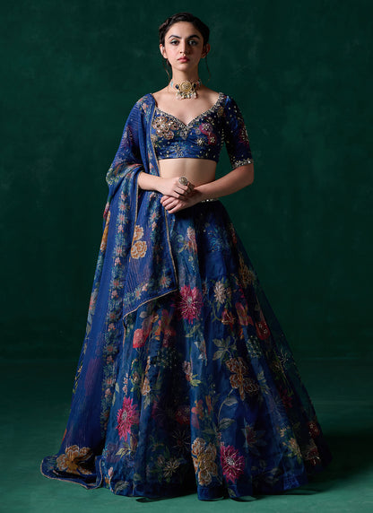 Dark Blue Multicolor Floral Printed Lehenga