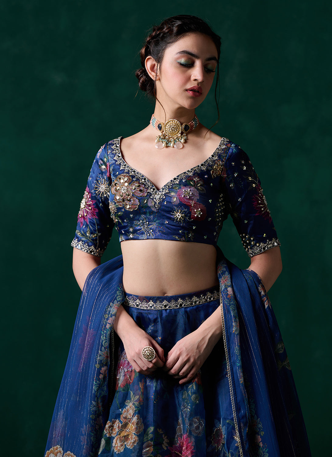 Dark Blue Multicolor Floral Printed Lehenga