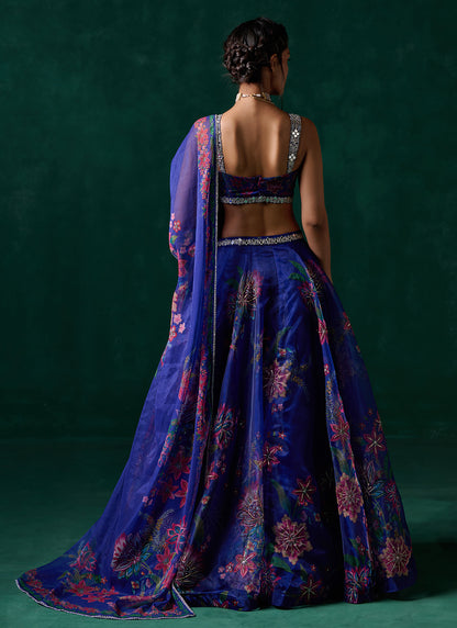 Royal Blue Multicolor Floral Printed Lehenga