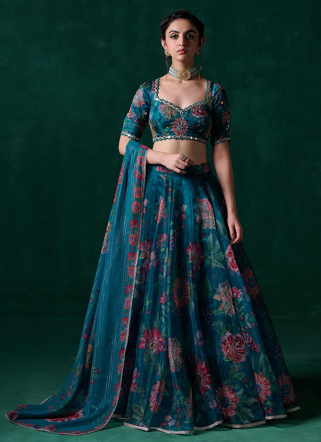 Teal Green Multicolor Floral Printed Lehenga