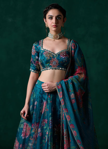 Teal Green Multicolor Floral Printed Lehenga