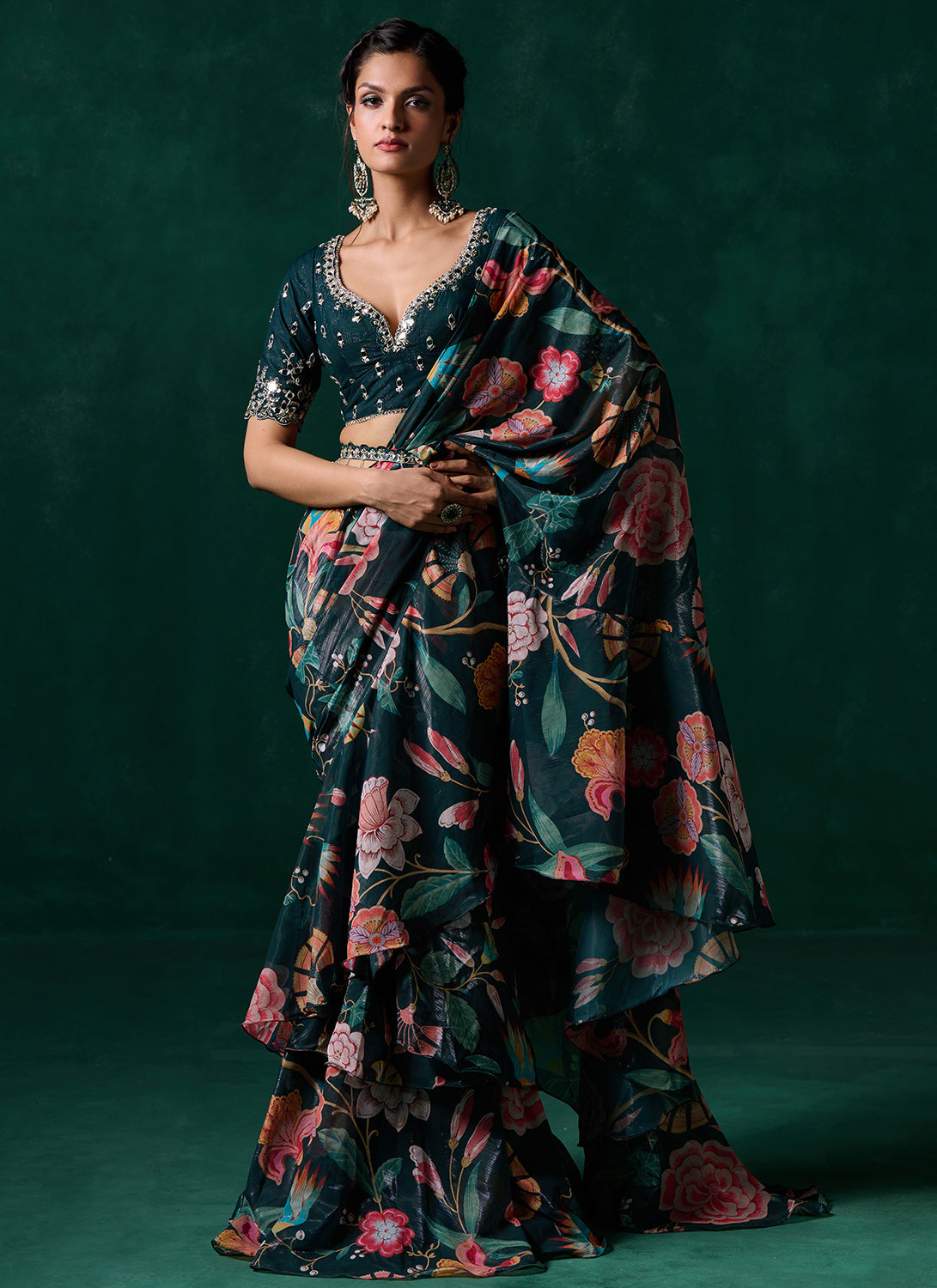 Emerald Green Multicolor Floral Printed Saree