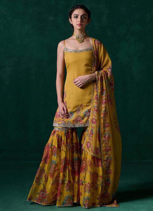 Yellow Multicolor Floral Printed Gharara Suit