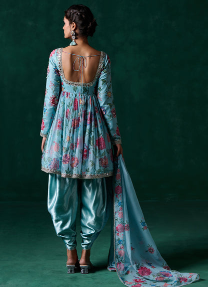 Light Aqua Floral Printed Punjabi Suit