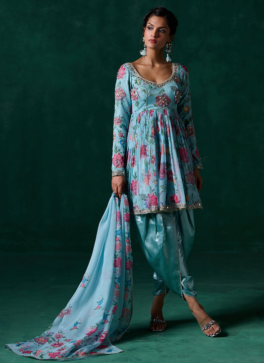 Light Aqua Floral Printed Punjabi Suit