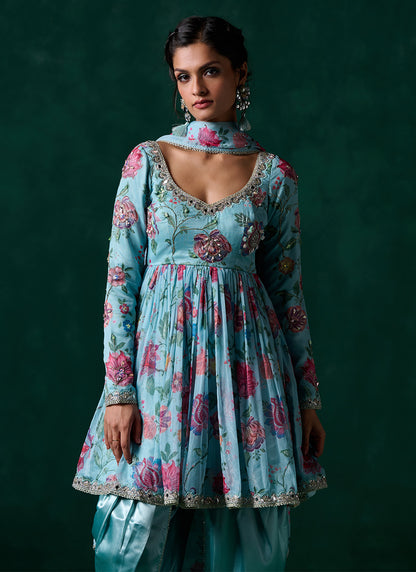 Light Aqua Floral Printed Punjabi Suit