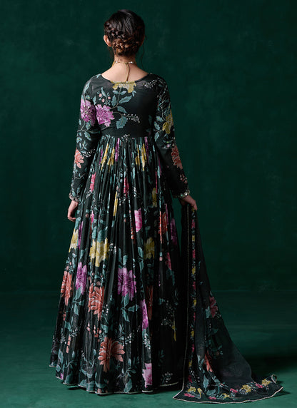 Green Multicolor Floral Printed Anarkali