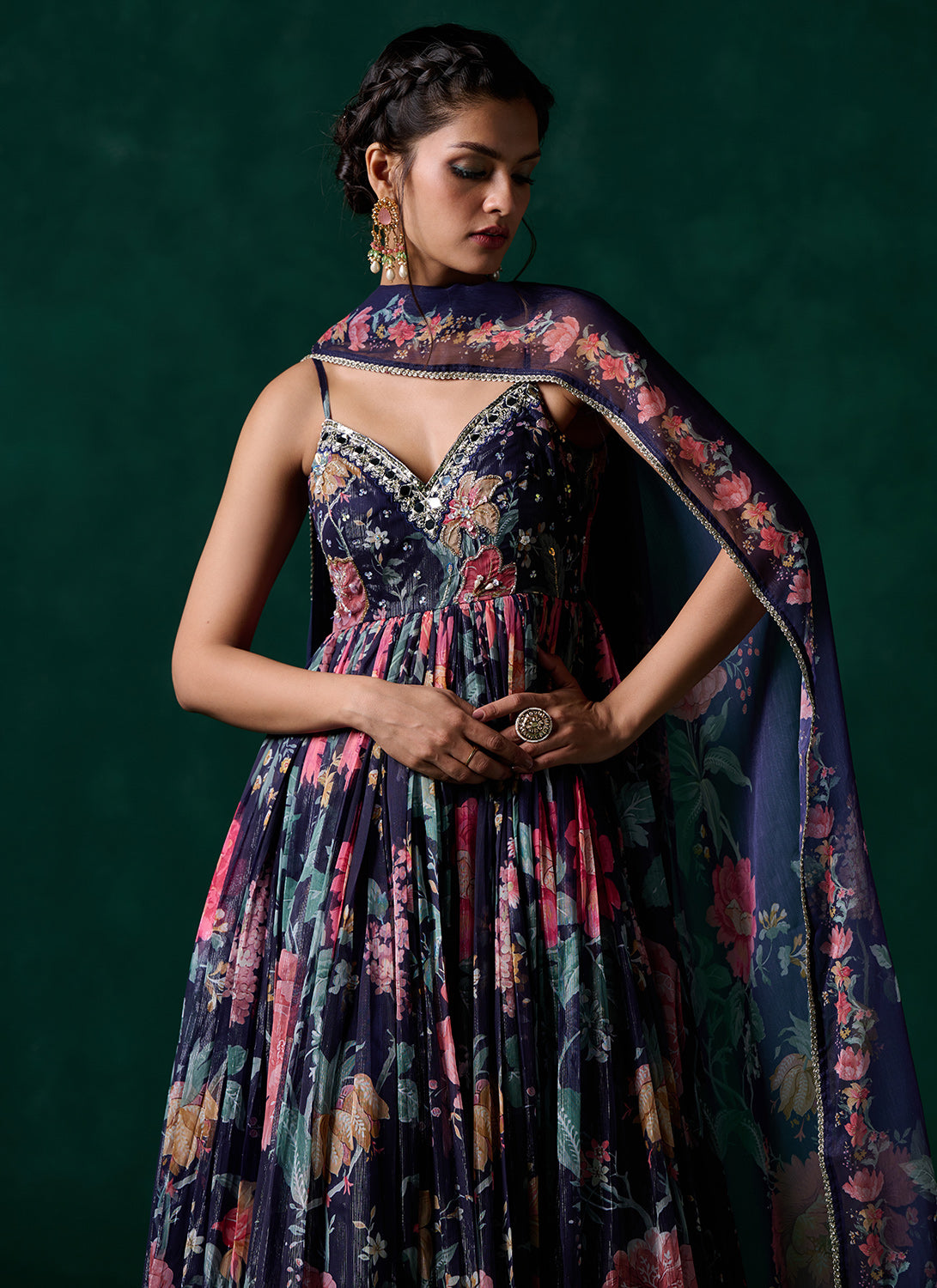 Navy Blue Multicolor Floral Printed Anarkali