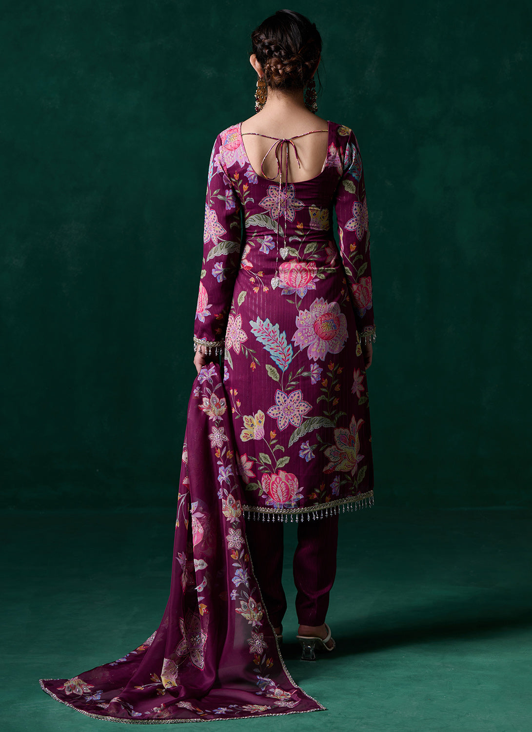 Magenta Floral Printed Straight Suit