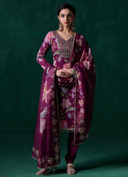 Magenta Floral Printed Straight Suit