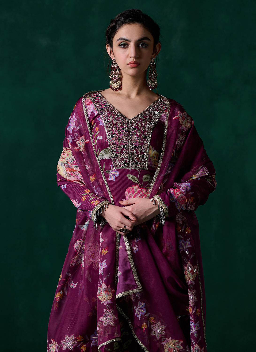 Magenta Floral Printed Straight Suit