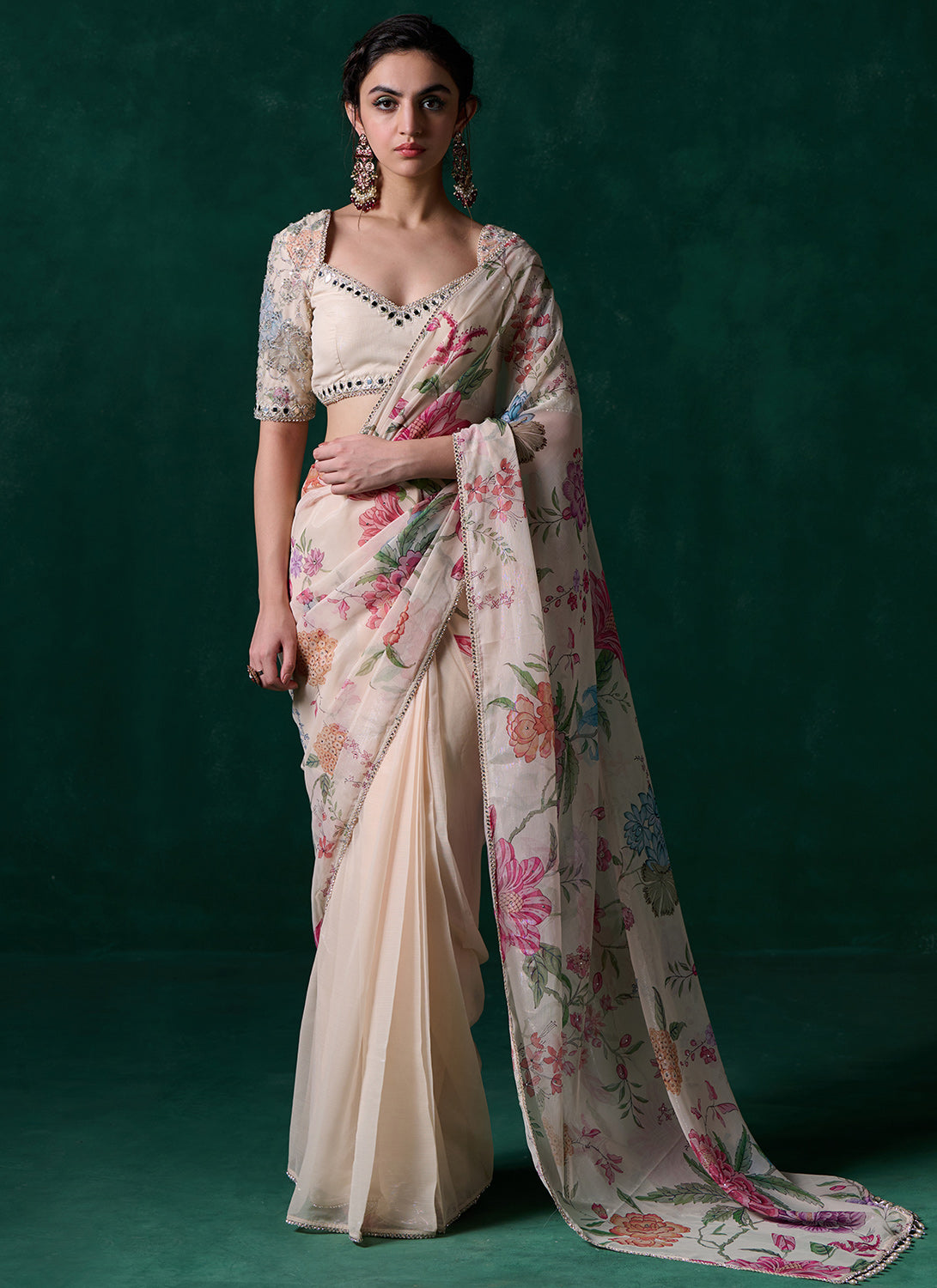 Off White Multicolor Floral Printed Saree