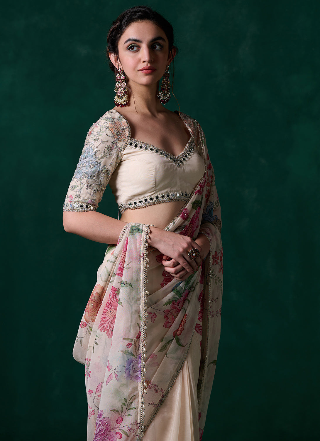 Off White Multicolor Floral Printed Saree