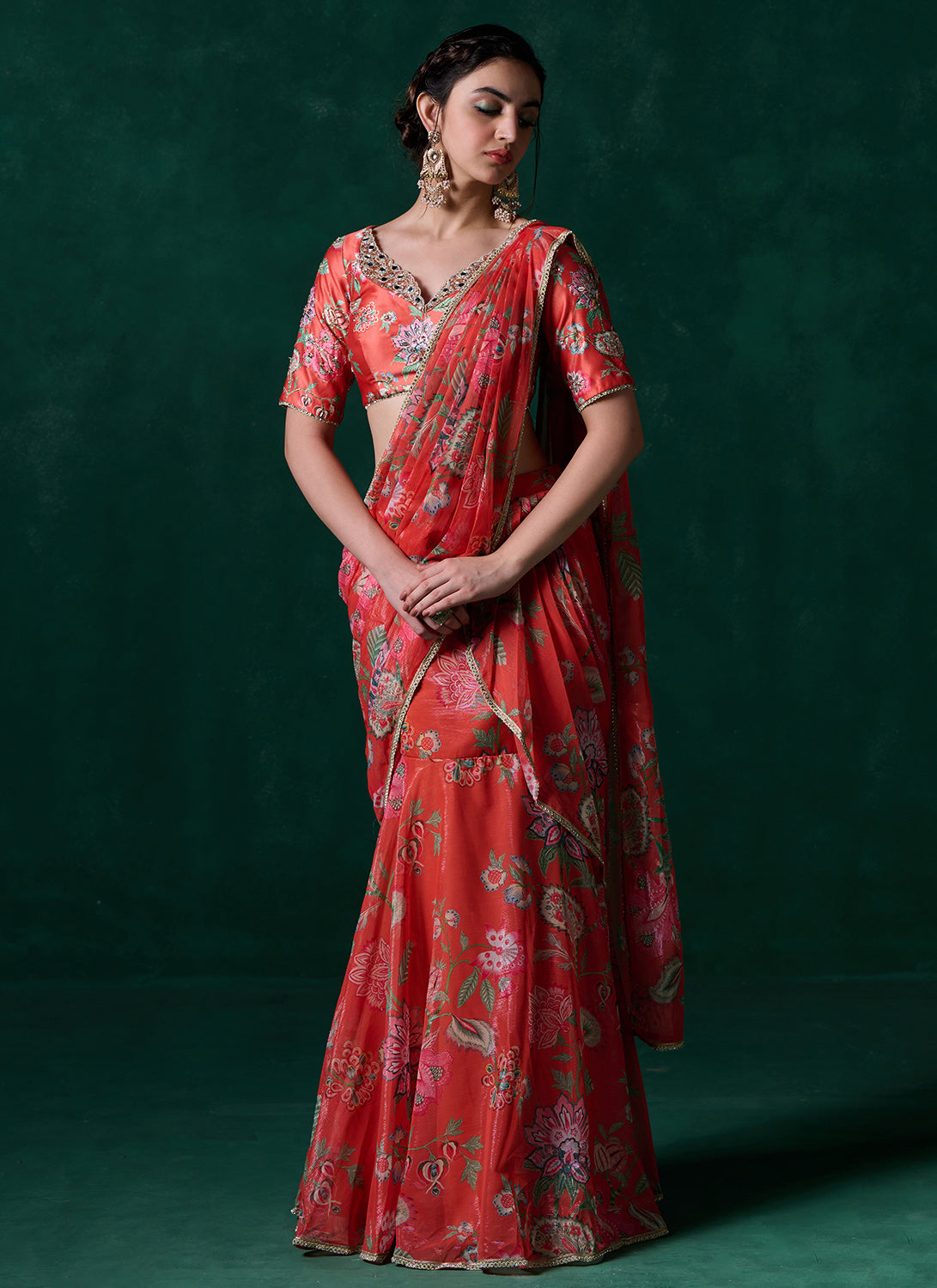 Red Orange Multicolor Floral Printed Saree