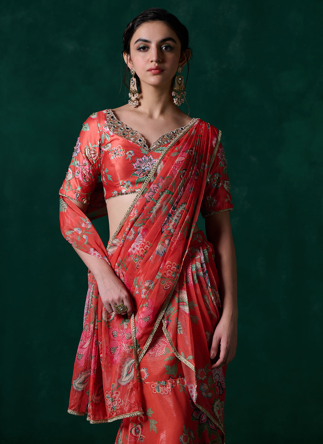 Red Orange Multicolor Floral Printed Saree