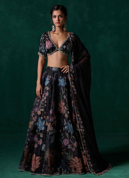 Black Multicolor Floral Printed Lehenga