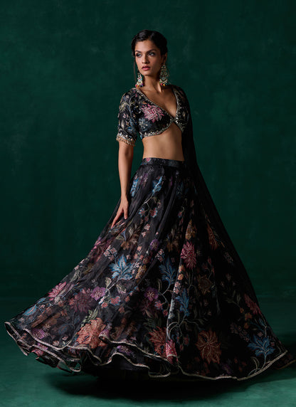 Black Multicolor Floral Printed Lehenga