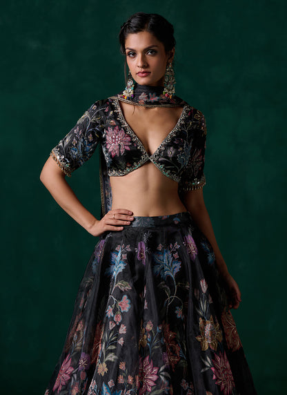 Black Multicolor Floral Printed Lehenga